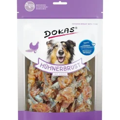 Dokas Tørret kyllingebryst med fisk 220 g - lækker hundesnack i stor pose