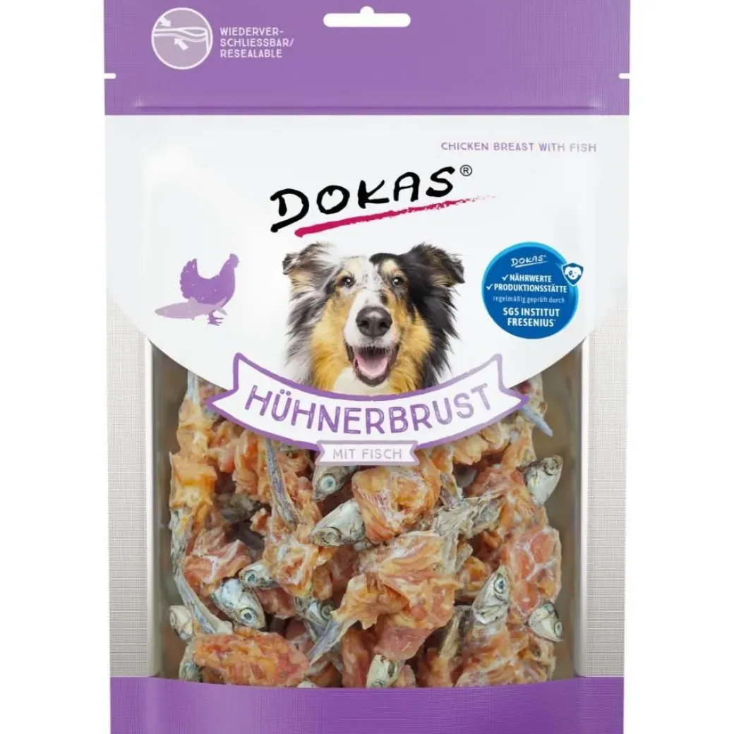 Dokas Tørret kyllingebryst med fisk 220 g - lækker hundesnack i stor pose