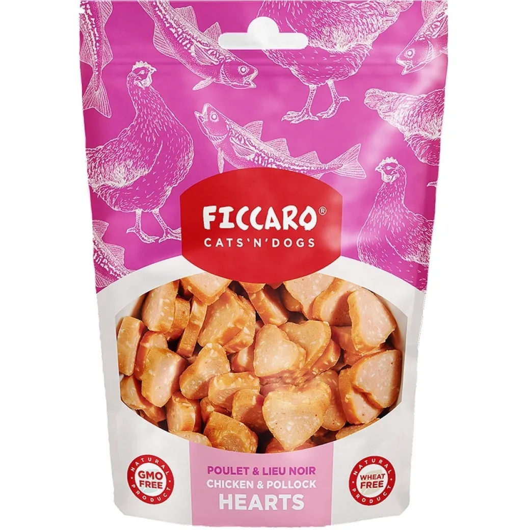 FICCARO Hundesnack Kylling og sej hearts 100 g - naturlige hundesnacks i hjerteform