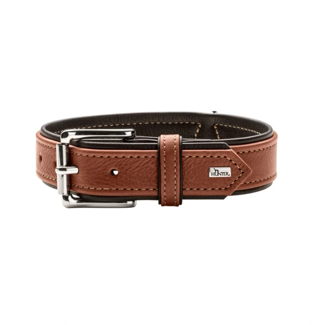 Hunter Hundehalsbånd læder Canada Elg Str 30 Cognac/Sort - 21-25 cm