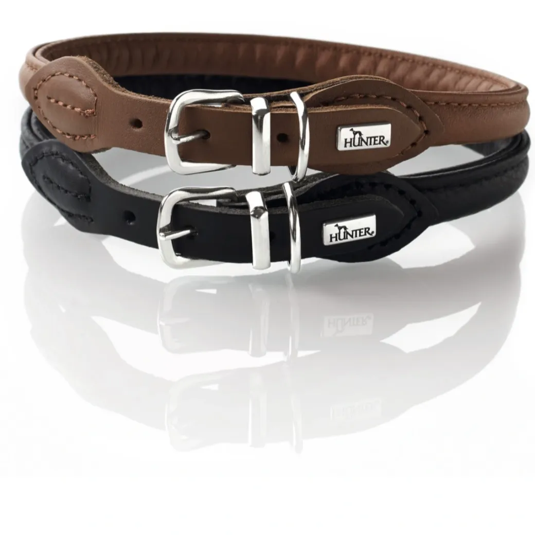 Hunter rundsyet hundehalsbånd okselæder 45/8 sort 45 cm - justering 38-42 cm