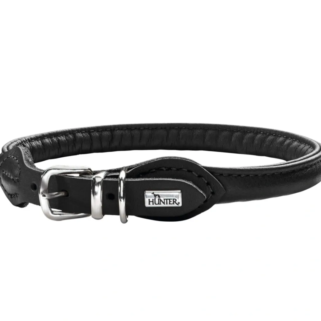 Hunter rundsyet hundehalsbånd okselæder 45/8 sort 45 cm - justering 38-42 cm
