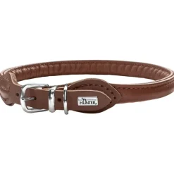Hunter rundsyet okselæder halsbånd brun 40 - justering 33-37 cm - skånsom komfort til mellemstore hunde